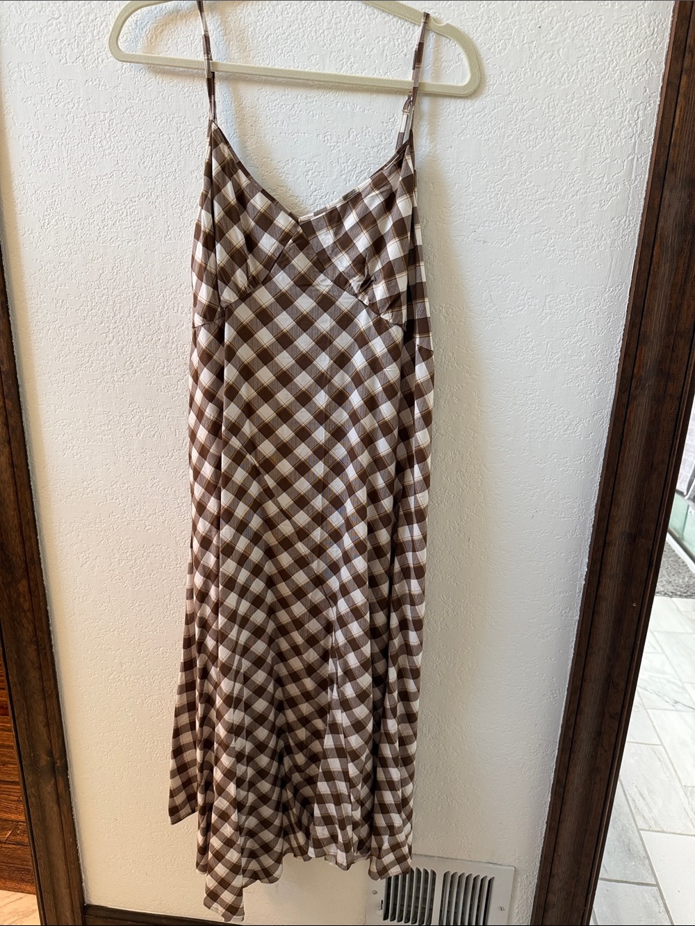Old Navy Womenโs Brown and White Gingham Slip Dress with Assymetrical Hem